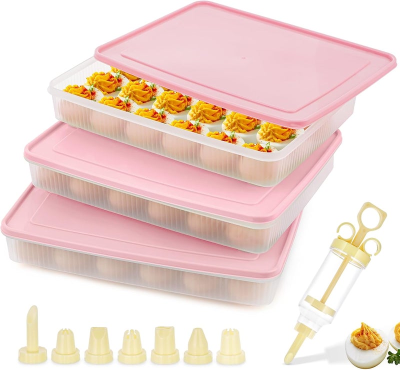 FACULX 3 Pack Deviled Egg Containers with Lid and 8 Pcs Deviled Egg Injector Piping Tool, Egg Organizer for Refrigerator, Fridge Stackable Countertop Portable Egg Platter (Pink) - Image 1
